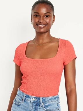 🩷Tall🧡 Old Navy | Textured Square-Neck Tee in bright coral, size medium tall